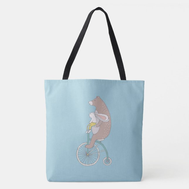 Bolso De Tela Conejo y oso caprichosos montando una bicicleta (Anverso)