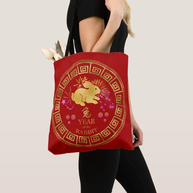 Bolso De Tela Conejo zodiaco chino rojo/dorado ID542 (Detalle)