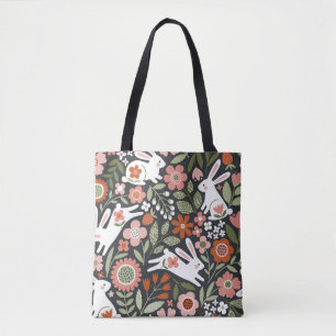Bolso De Tela Conejos blancos, patrón de cosecha floral.