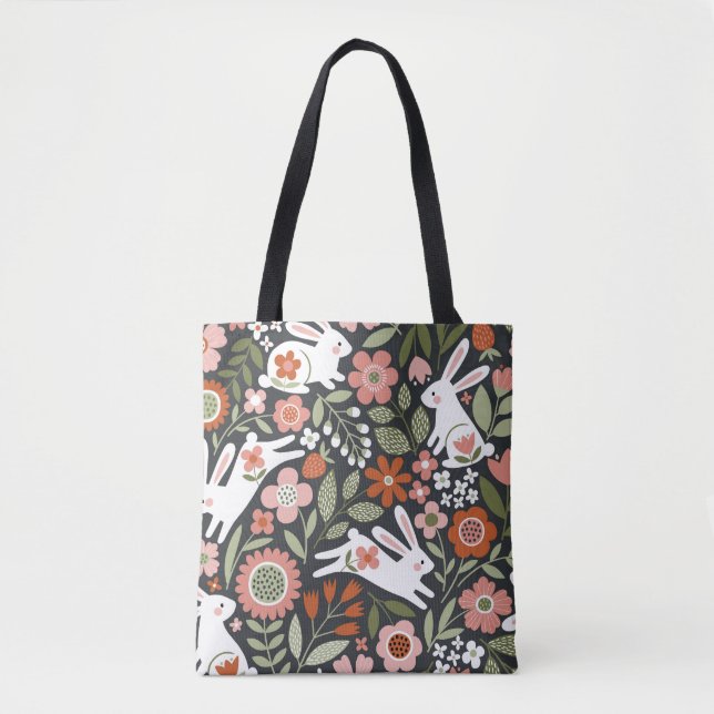 Bolso De Tela Conejos blancos, patrón de cosecha floral. (Anverso)