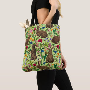 Bolso De Tela Conejos y flores silvestres en verde miel