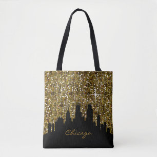 Bolso De Tela Confetti negro y oro Purpurina Chicago Skyline