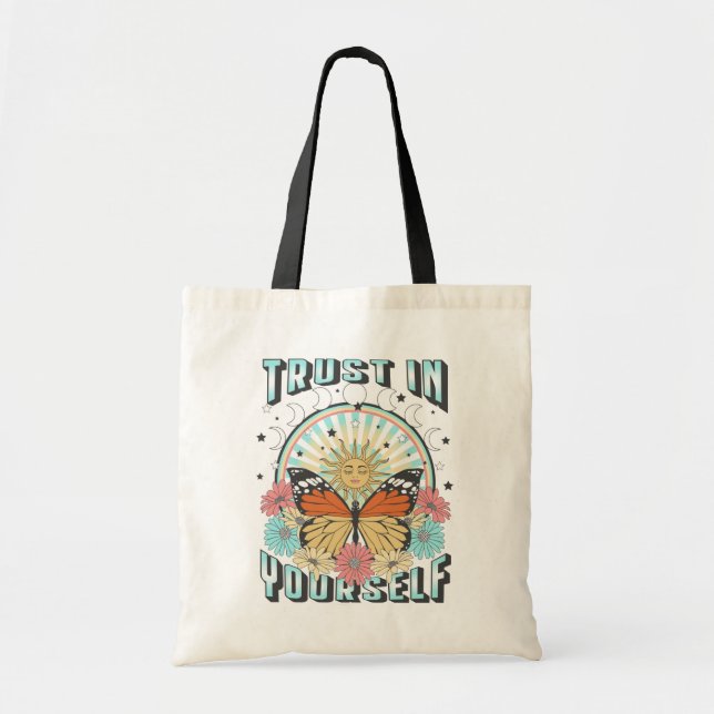Bolso De Tela Confiar en ti mismo | Sol celeste y mariposa (Frente)
