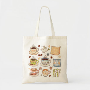 Bolso De Tela Conjunto de doodle de arte popular y café dibujado