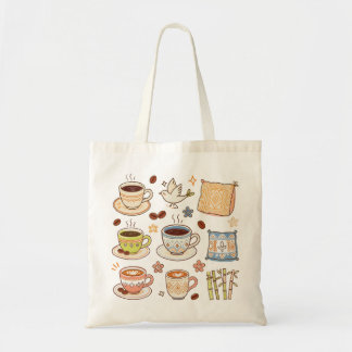 Bolso De Tela Conjunto de doodle de arte popular y café dibujado