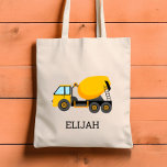 Bolso De Tela Construcción personalizada de niños mezcladores de<br><div class="desc">Esta bolsa de té de los niños tiene un ilustracion de una mezcladora de cemento amarillo. Personalízalo con el nombre de su hijo en letras negras. ¡Hace una gran bolsa de libros!</div>