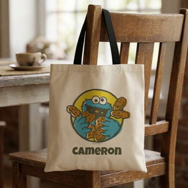 Bolso De Tela Cookie Monster Retro (Generated image of tote bag on chair)