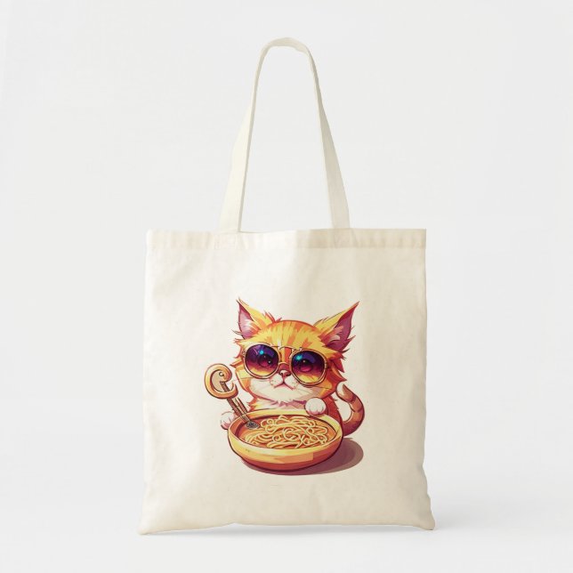 Bolso De Tela Cool Cat Eating Noodles with Stylish Sunglasses (Frente)