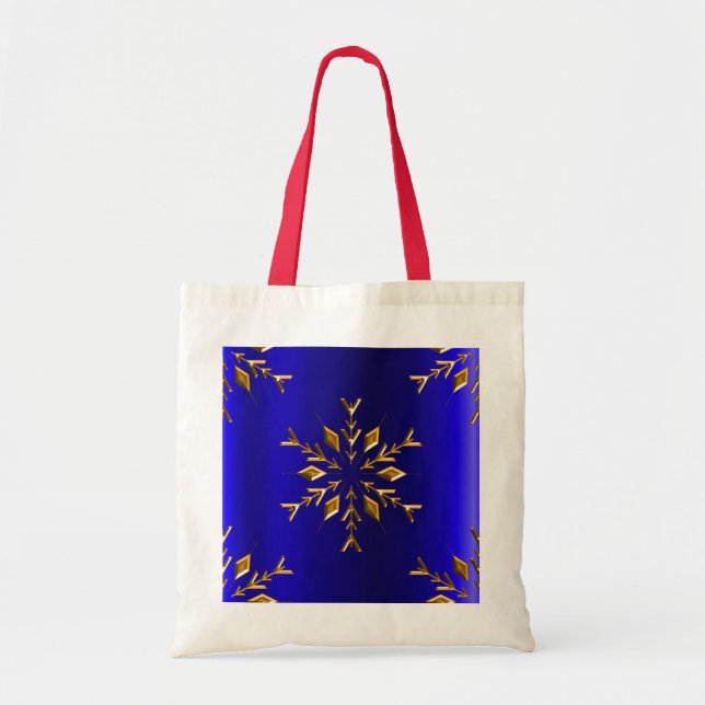 Bolso De Tela Copo de nieve dorado sobre Navidades azules (Frente)