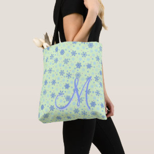 Bolso De Tela Copos de nieve Pastel Verde Moderno Monograma eleg