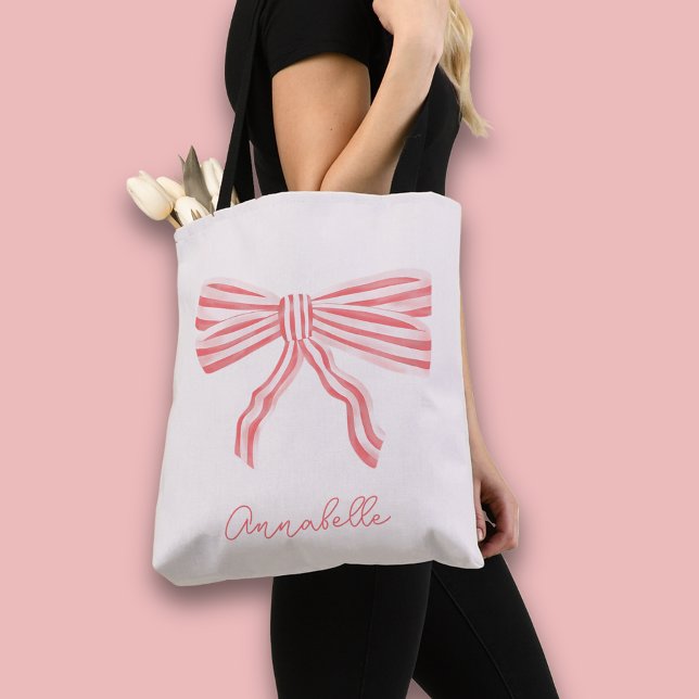 Bolso De Tela Coquette Aesthetic Rubor Pink Bow & primer nombre (Coquette Pink bow tote bag, personalize with your own name or choice of text.)