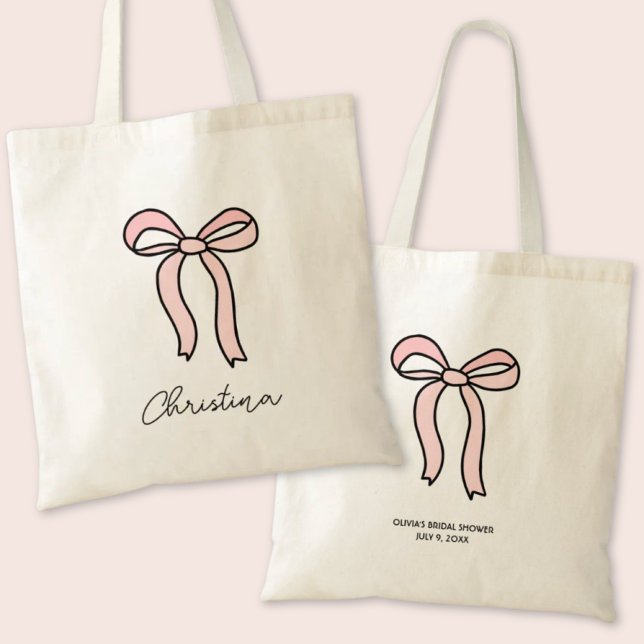 Bolso De Tela Coquette Bridal Shower Favor Personalizada De Bow  (Personalized Pink Bow Coquette Bridal Shower Favor Tote Bag)