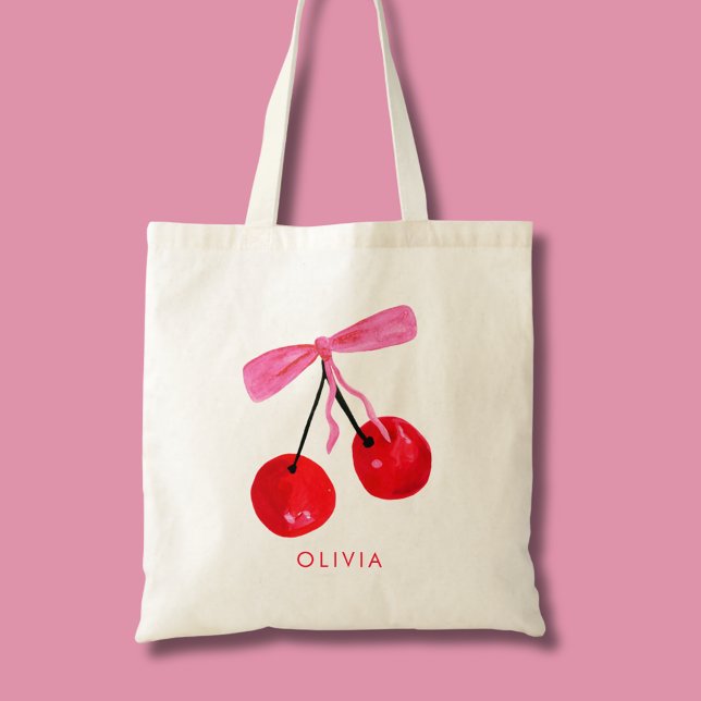 Bolso De Tela Coquette Cherry & Bow (Coquette cherry and bow girly tote bag. Personalize with your own name or initials.)