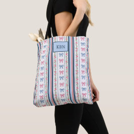 Bolso De Tela Coquette de lazo a rayas rosa azul monograma de mo