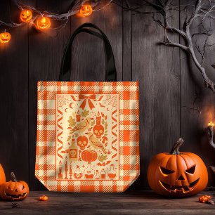 Bolso De Tela Coquette Naranja Folk Art Plaid