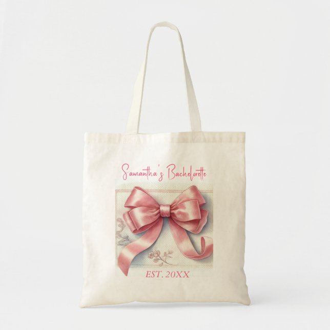 Bolso De Tela Coquette Pink Bow Cherry Bachelorette (Frente)