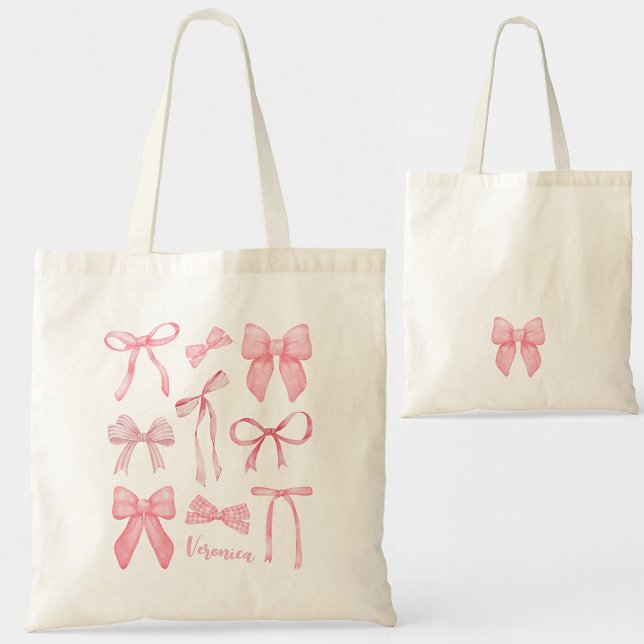 Bolso De Tela Coquette rosa Bow Estética femenina femenina de mo (Pink bow Coquette trend aesthetic tote bag personalized accessories with first name for bachelorette)