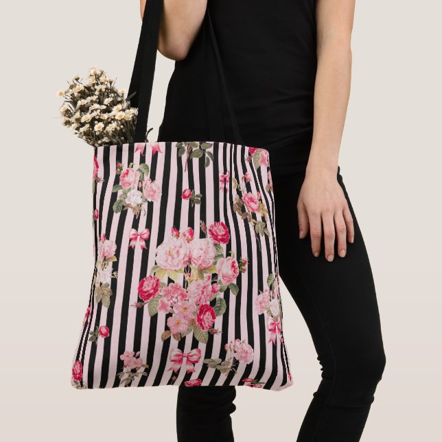 Bolso De Tela Coquette rosa Bow Rosas de cosechas Black Stripes (Detalle)