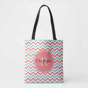 Bolso De Tela Coral de Chevron y nombre del personalizado de la