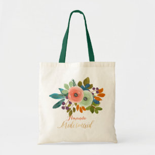Bolso De Tela Coral de PixDezines+Floral acuarela de menta