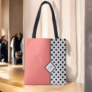 Bolso De Tela Coral elegante con puntos de polka negro y monogra