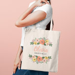 Bolso De Tela Coral Pink Floral Greeneration Boda Bridesmaid<br><div class="desc">El fantástico diseño de la bolsa de personalizado floral con tote presenta una corona de hermosas flores acuáticas y vegetación] que enmarca un nombre de monograma personalizado en escritura moderna color rosa-chile, junto con texto personalizado gris oscuro con el título de fiesta nupcial. Los colores incluyen rosa oscuro, naranja de...</div>