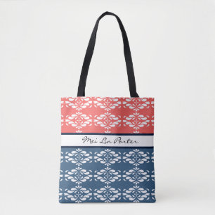 Bolso De Tela Coral y floral azul