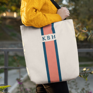 Bolso De Tela Coral y Marina Monograma de banda clásica