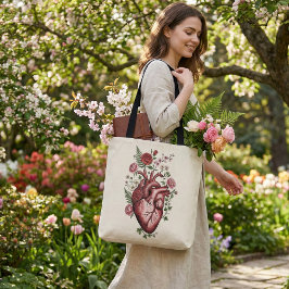 Bolso De Tela Corazón Anatómico Botánico - Diseño Floral Vintage
