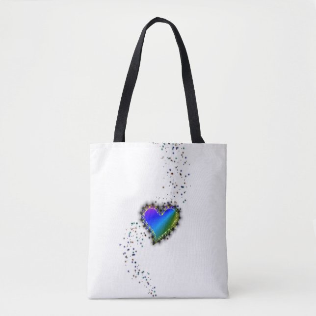 Bolso De Tela Corazón arcoiris azul con estrellas (Anverso)
