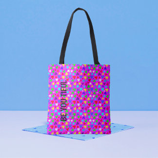 Bolso De Tela Corazón Arcoíris Neon Kawaii Estilo Maximalista