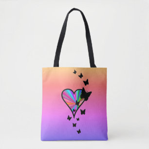 Bolso De Tela Corazón arcoiris y mariposa