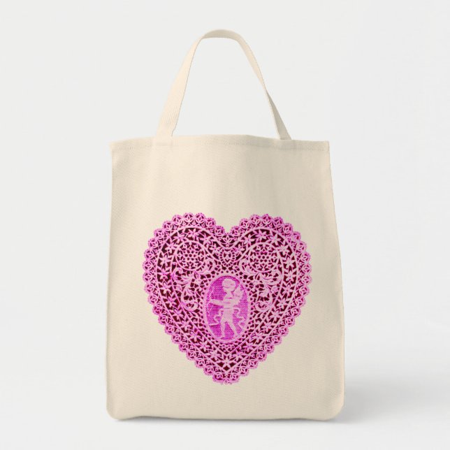 BOLSO DE TELA CORAZÓN DE CORAZÓN CUPIDO VIOLETO DE ROPA (Frente)
