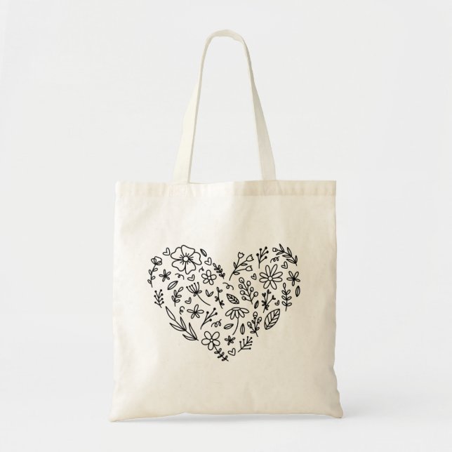 Bolso De Tela Corazón de Flor. Flores Silvestres Botánica (Frente)