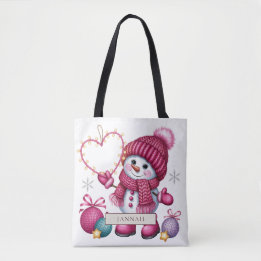 Bolso De Tela Corazón de luces de hadas de muñeco de nieve rosa