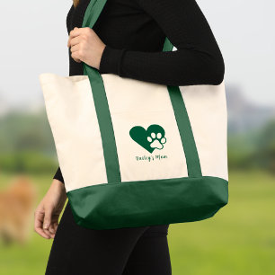 Bolso De Tela Corazón de monograma de pata de perro o gato verde