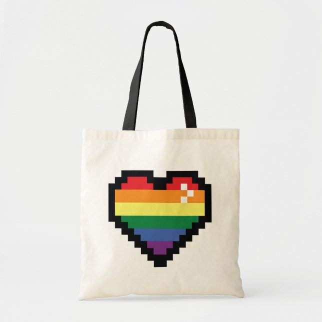 Bolso De Tela Corazón de Píxel Arcoiris (Frente)