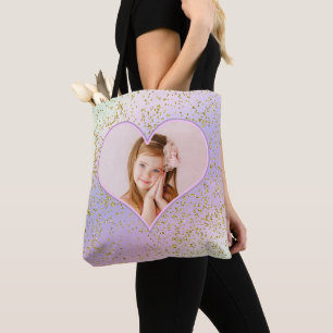 Bolso De Tela Corazón de purpurina dorada pastel de arcoíris fot