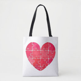 Bolso De Tela Corazón de rompecabezas acuarela rojo, patrón de c