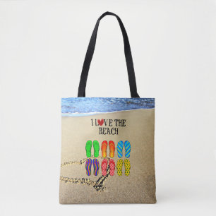 Bolso De Tela Corazón dibujado en la arena, Me encanta la playa