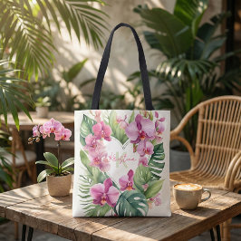 Bolso De Tela Corazón floral de acuarela de orquídea tropical ex