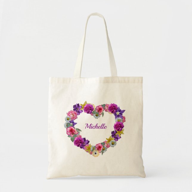 Bolso De Tela Corazón floral personalizado (Frente)