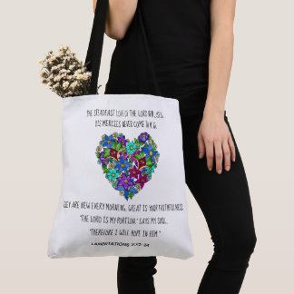Bolso De Tela Corazón floral, verso de Lamentaciones 3:22-24
