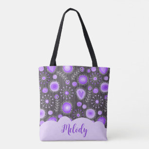 Bolso De Tela Corazón gris púrpura caprichoso y nombre floral fl