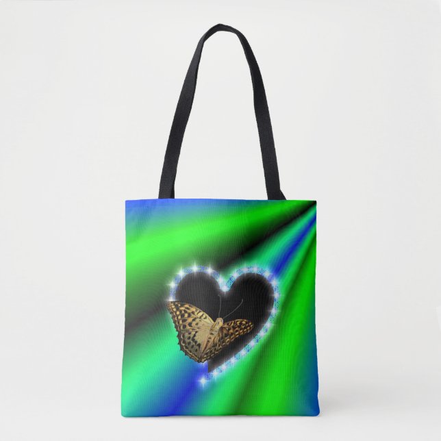Bolso De Tela Corazón negro con estrellas y mariposa en arcoiris (Anverso)