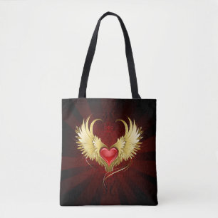 Bolso De Tela Corazón Rojo con Alas Doradas