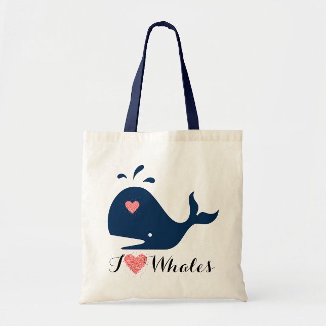 Bolso De Tela Corazón Rojo y Blue Text I Love Whales (Frente)