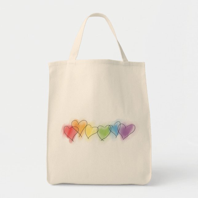 Bolso De Tela Corazones arcoiris acuarelas (Frente)
