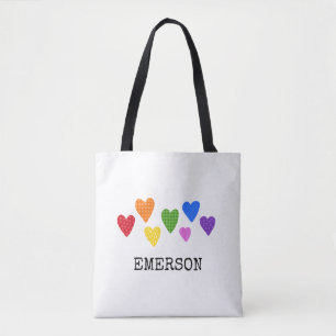 Bolso De Tela Corazones arcoiris Niños NOMBRE Bebé Diversión de