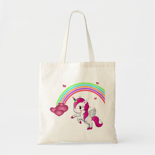 Bolso De Tela Corazones arcoiris y unicornio (Frente)